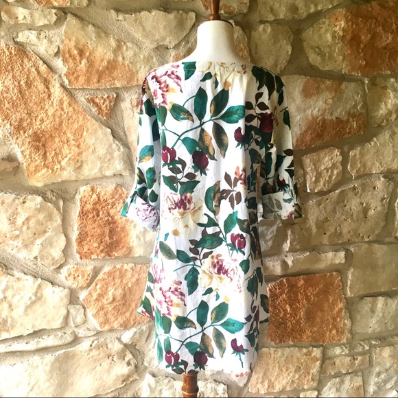 White Peony Floral Linen Tunic Dress - Picture 4 of 5